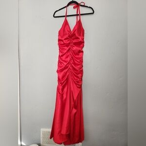 Jessica McClintok Full Length Halter Scrunch Red Satin Dress sz 6
